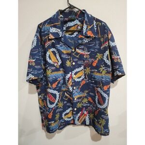 Roundy Bay Sz XL Navy Blue Hawaiian Aloha Shirt Ukulele Surf Board Print‎ VTG